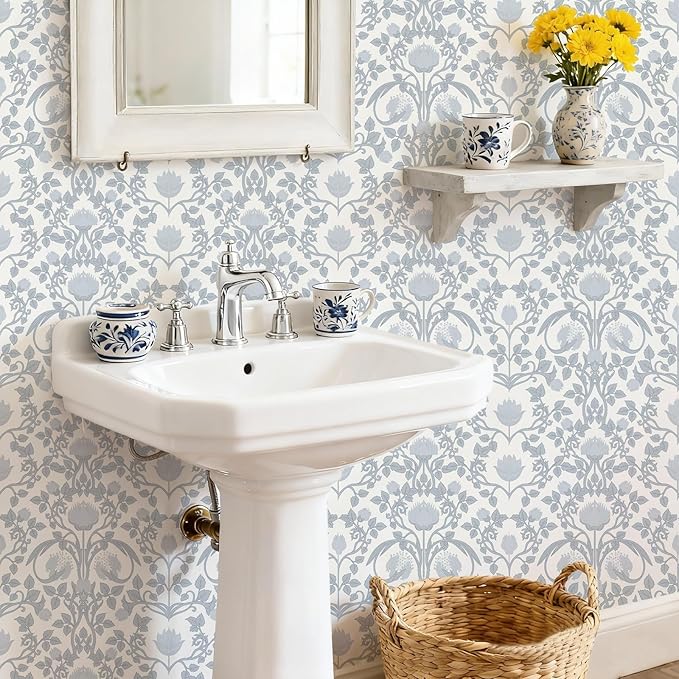 YXTII 17.3"×236.2" Blue Floral Peel and Stick Wallpaper, Damask Boho Wall Paper