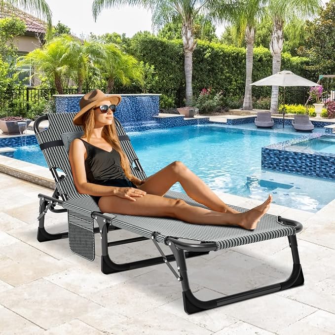 DoCred Folding Lounge Chair with Mattress, 5 Position Adjustable Folding Sleeping Bed Cot Chaise Lounge Chairs Perfect for Sunbathing, Camping, Pool, Beach, Patio