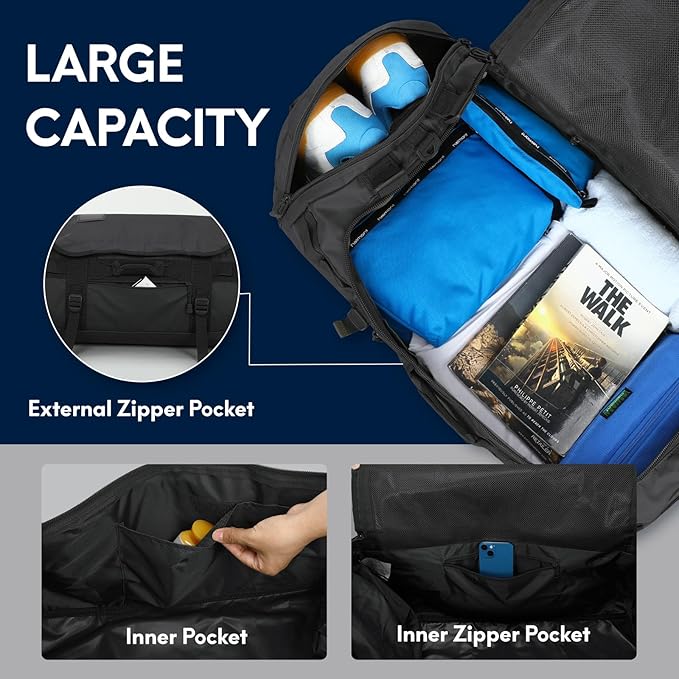 Haimont Large Duffle Backpack Bag for Men, Long Travel Duffel with Backpack Straps, Heavy Duty Back Packs with Shoes Compartment, Water-resistant, 90L, Black