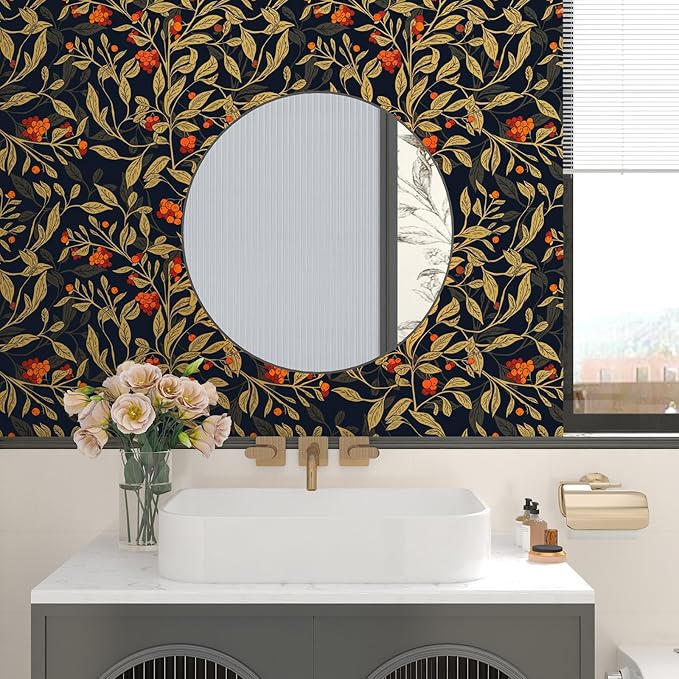 Dark Floral Wallpaper Peel Stick, Vintage Botanical Removable Contact Paper