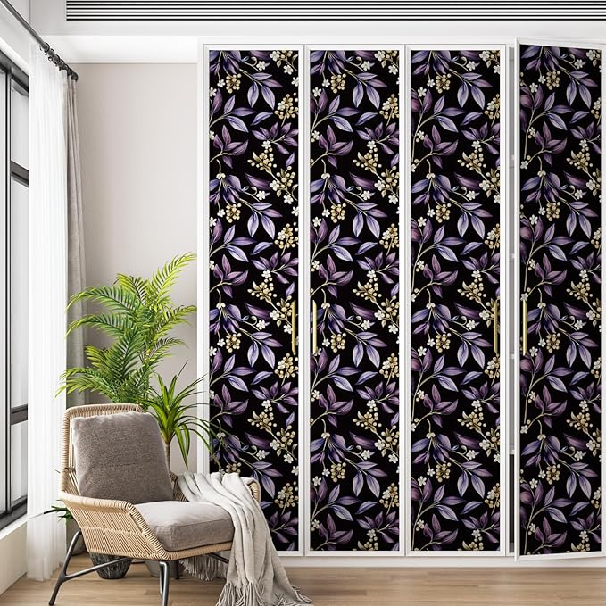 Extra Long Vintage Purple Leaves Wallpaper, 17.5In x 393In Black Botanical