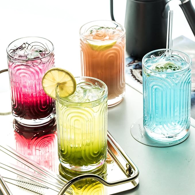 INSETLAN Vintage Art Deco Glassware | Glass Cups Set of 4 | 14 Oz Thick Bottom Cocktail Glasses, Highball Glass Fabulous Box, Embossed Ripple Glassware, for Water, Wine, Juice, Mixed Drinkware