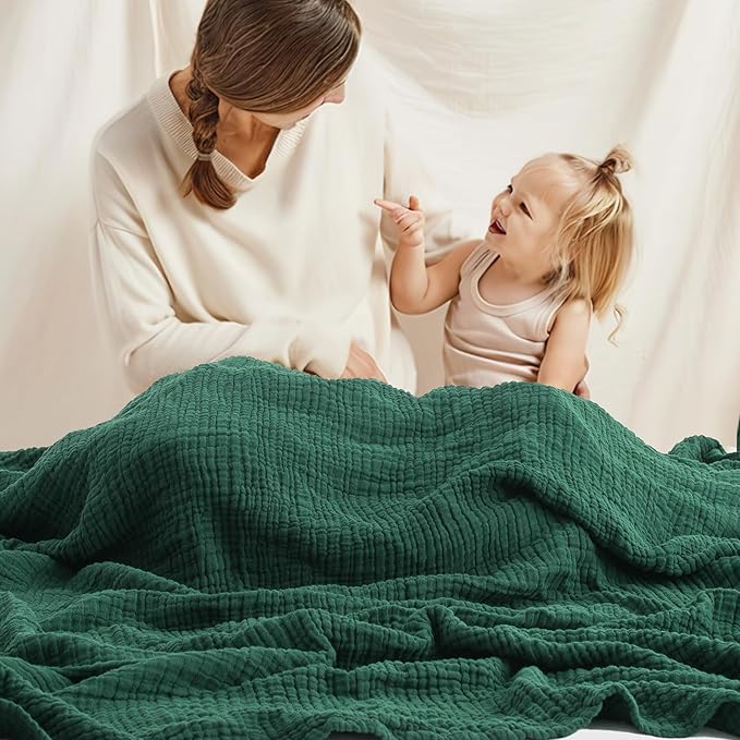 Carriediosa 100% Cotton Muslin Throw Blanket 50" X 70" Throw XL Size，4-Layers Summer Gauze Throws for Bed Couch，Soft Lightweight Breathable Linen Blankets Bedspread for Adults All Season，Dark Green