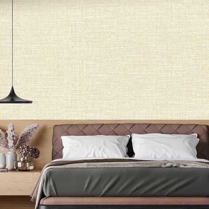 Beige Grasscloth Peel and Stick Wallpaper 17.3"x160" Faux Linen Textured
