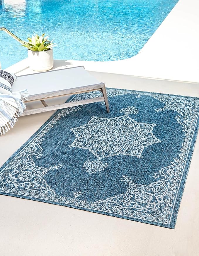 Unique Loom Outdoor Traditional Collection Area Rug - Antique (10' x 14' 1" Rectangle Teal/Ivory)