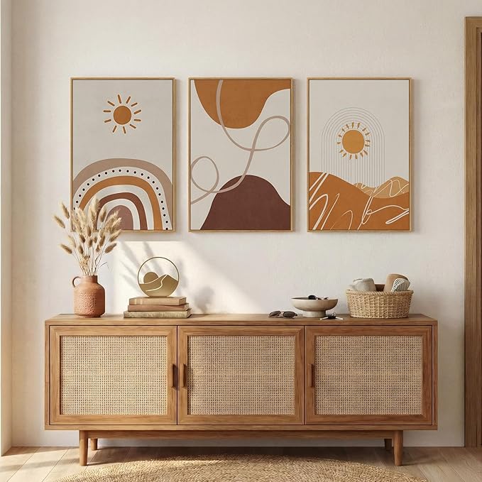 Framed Neutral Abstract Boho Wall Art Bedroom, 3 Piece Terracotta Beige