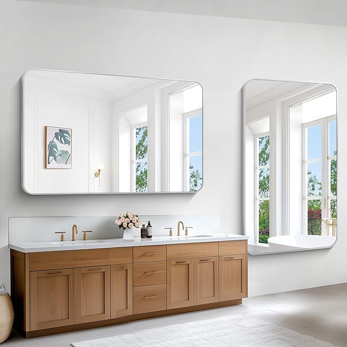Silver Bathroom Mirror,60x36 inch Wall Mirror for Bathroom Wall Mounted,Rectangle Mirror for Bathroom Over Sink,Modern Frame Round Corner for Living Room,Bedroom Entryway,Horizontal/Vertical