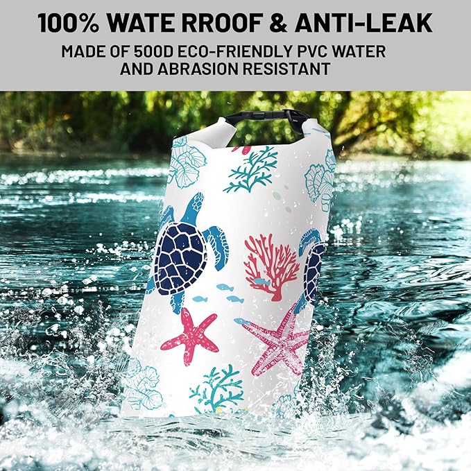 Waterproof Dry Bag,Roll Top Sea Turtle Coral Starfish Small Waterproof Backpack 5L/10L/20L Floating Lightweight Bags for Kayaking, Boating, Fishing, Swimming Camping with Waterproof Phone Case