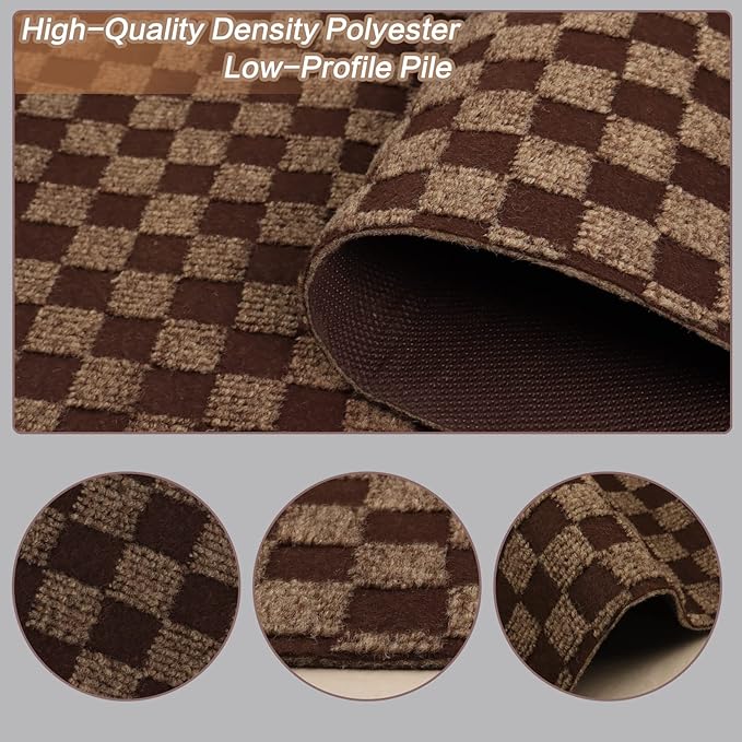 2' x 9' Runner Rugs with Rubber Backing, Indoor Outdoor Utility Carpet Runner Rugs, Checkered Brown, Can Be Used as Aisle for The RV and Boat, Laundry Room and Balcony