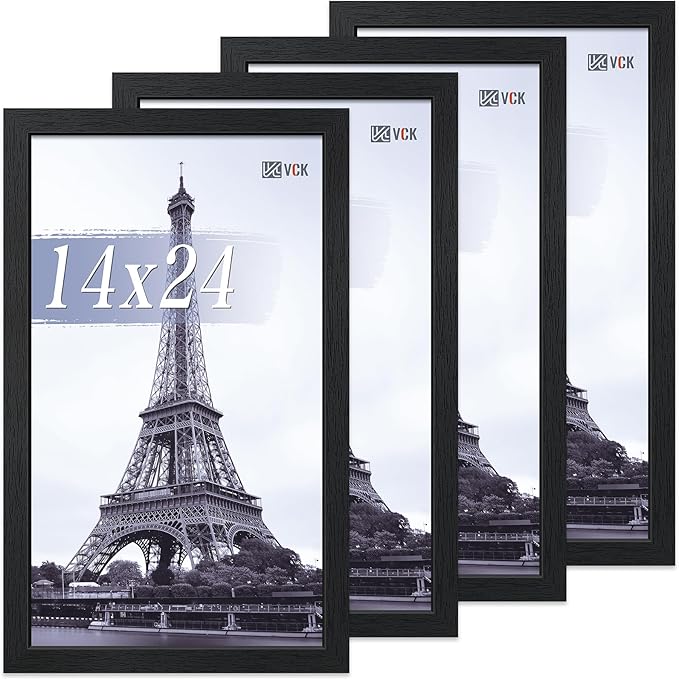VCK 14x24 Poster Frame Set of 4 - Black, Gallery-Quality Wood Picture Frames, 1.1-Inch Wide Border, Polished Plexiglass, Vertical or Horizontal Wall Display for Photo/Art/Prints, Black