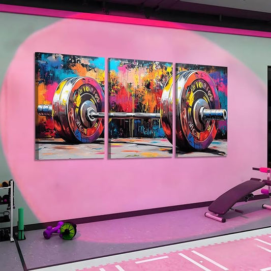 sawjug Gym Barbell Wall Decor, Colorful Graffiti Canvas Wall Art, Gym Motivational Wall Art, Colorful Pictures Wall Decor, Wall Painting for Living Room, Bedroom (24" x 36" x 3 pcs)