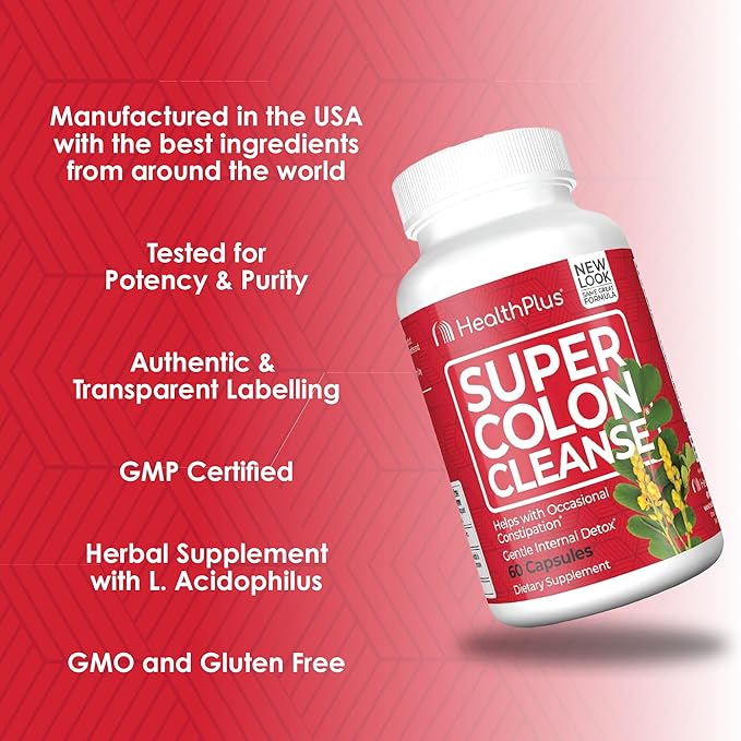 Health Plus Super Colon Cleanse 15 Day Supply of Gentle Gut Cleanse Detox, Psyllium Husk, Probiotics for Constipation Relief & Digestive Support, 60 Capsules