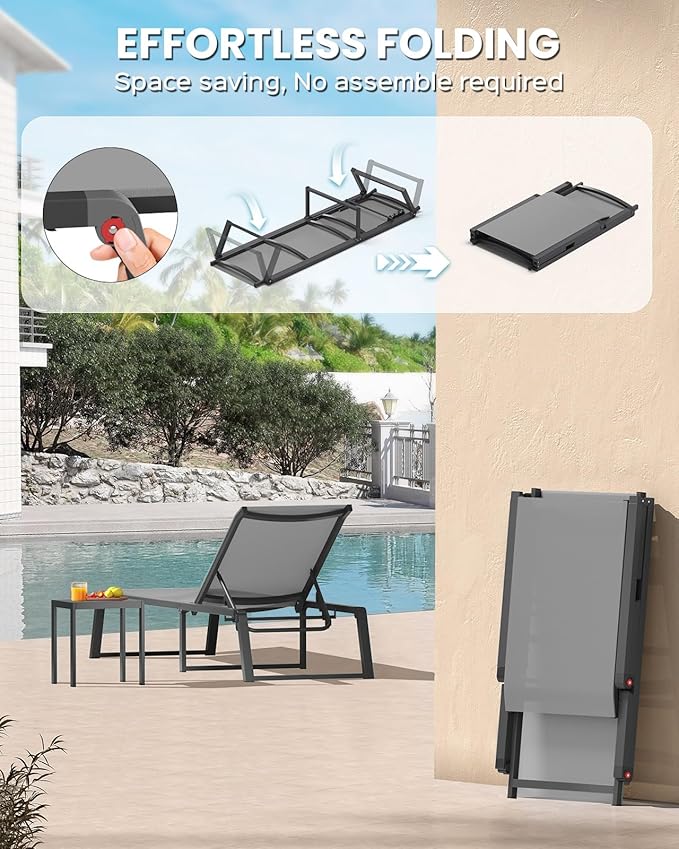 Aluminum Chaise Lounge Chair Outdoor, Foldable& No Assembly Patio Pool Lounge Chairs 5-Position Recliner for Outside, Fully Grounded Legs Sun Lounger for Poolside, 4 Packs, Dark Grey