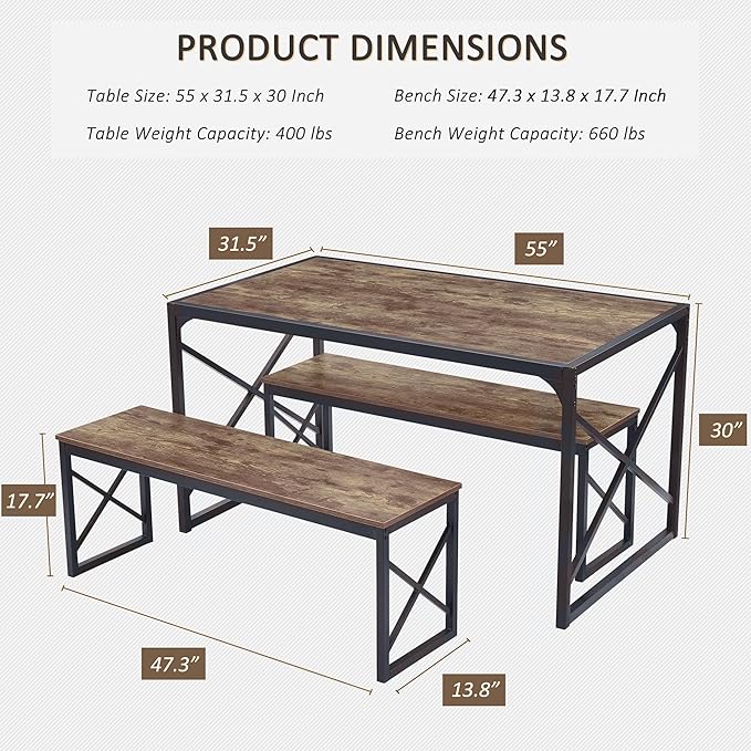 VECELO Kitchen Dining Table Set for 4 to 6, 55" Wood Dinette 2 Benches with Metal Frame for Dinner Breakfast Nook and Small Space, Grey