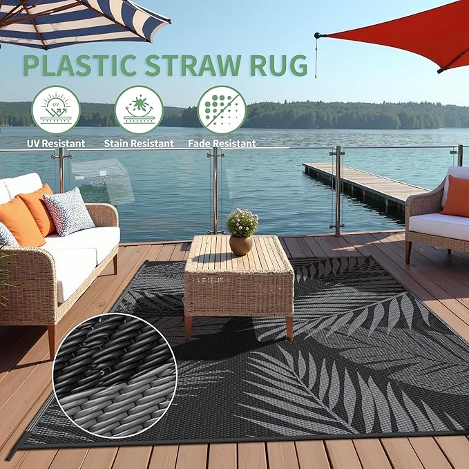 Outdoor Rug 5’x8’ Waterproof for Patio Clearance, Reversible Indoor Outdoor Plastic Straw Camping Rug Carpet, RV Mat, Large Area Rug for Deck, Backyard, Balcony, Porch, Beach, Black & Grey