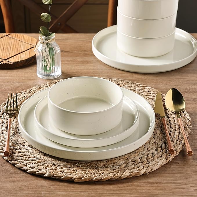 GBHOME Dinnerware Set for 4, 12 Piece Speckled Plates and Bowls Set with Glazed Bottom, Chip & Scratch Resistant Stoneware Plates Sets, Dishwasher & Microwave Safe Dishes (Light Beige, Service for 4)