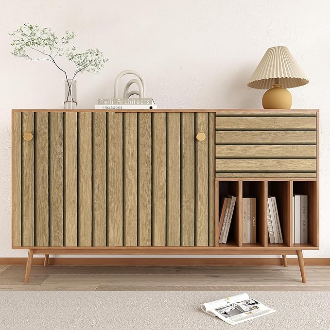 VEELIKE Natural Light Oak Wood Slat Peel and Stick Wallpaper Wood Panel