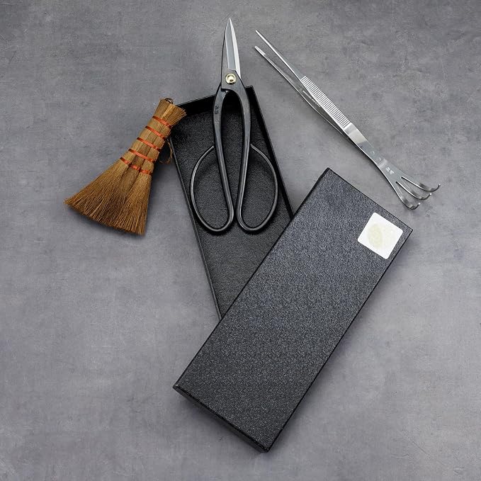 Wazakura Japanese Bonsai Garden 3PCS Tool Starter Kit, Made in Japan, Ashinaga Bonsai Scissors, Stainless Tweezers with Rake, Chinese Broom. Beginner Set with Shears, Tweezers and Soil Brush