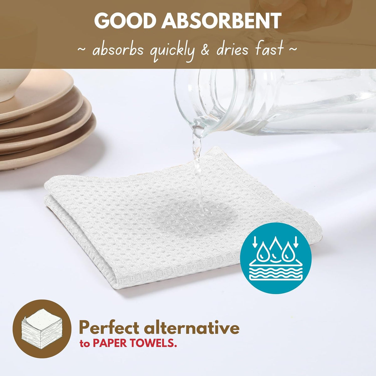 Native Fab Cotton Kitchen Towel with Hanging Loop 16x26 inches, 12-Pack, Waffle Weave Kitchen Towels for Cleaning Drying, Washcloths Soft & Absorbent Cloth Rags, Bar Towel, Dish Cloth, White