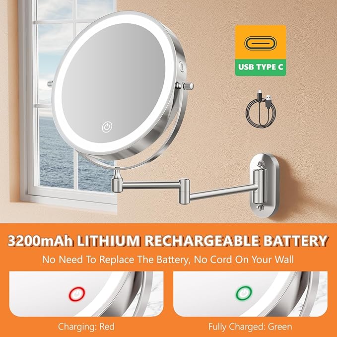 Auxmir 8'' Wall Mounted Lighted Makeup Mirror, 3200mAh Rechargeable