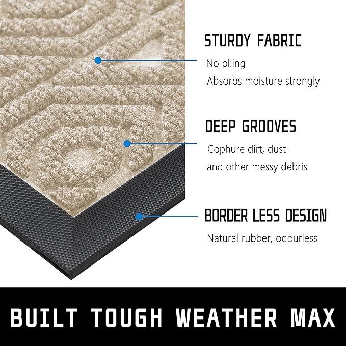 Yimobra Door Mat, Outdoor Indoor Entrance Welcome Mat, Heavy Entry Front Door Mat, Stain & Fade Resistant, Low Profile, Sturdy Rubber, Easy Clean Patio Floor Mat, Waterproof, 36 x 24, Light Beige