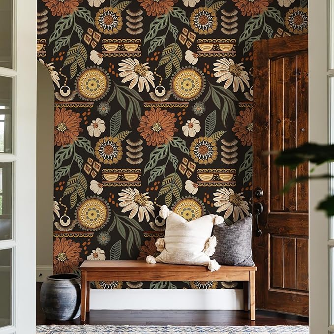 JiffDiff Boho Peel and Stick Wallpaper 17.3" x 120" Vintage Sun Floral Retro