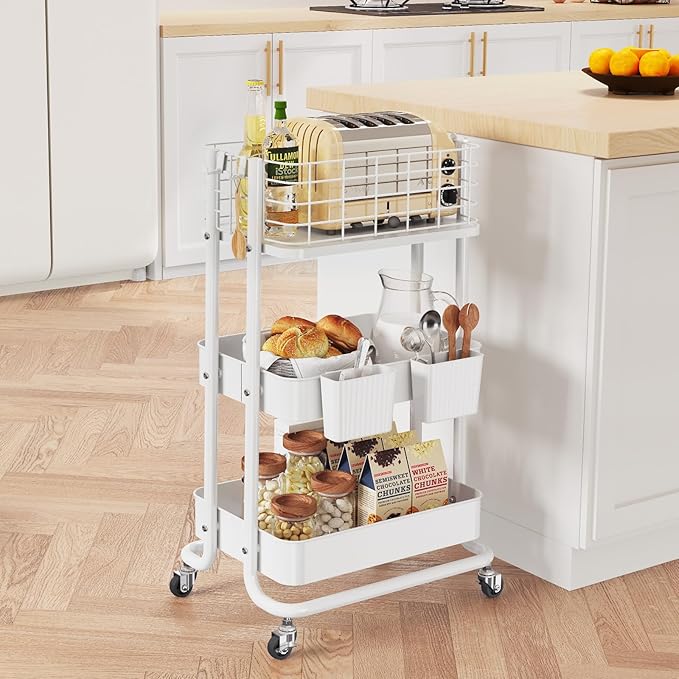 KINGRACK 3 Tier Rolling Cart, Metal Mobile Storage Shelf with Lockable Wheels, Prevent Falling Utility Trolley Cart, Storage Organizer for Kitchen, Office, Bathroom, Dorm, White
