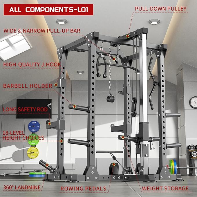 Power Cage,1600lbs Multi-Function Power Rack with Adjustable Cable Crossover System and More Training Attachment, Weight Cage for Home Gym