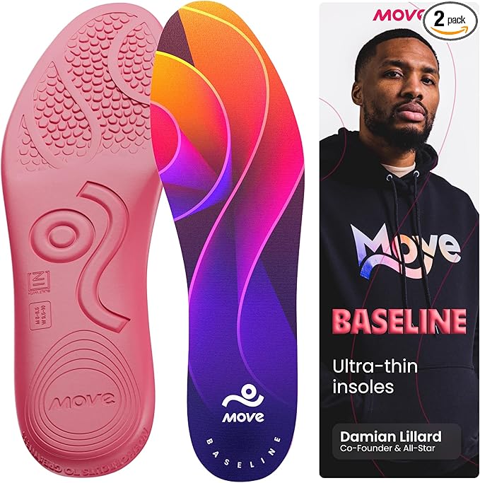 MOVE Baseline - All-Purpose Insoles - Sock Liner - Ultra Thin Shock Absorption - Maximum Freedom of Movement and Energy Return for Cleats, Shoes, Running, Basketball, Baseball (M16-16.5/WM17.5-18)