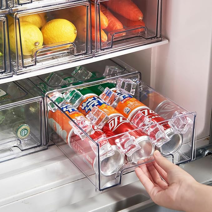 PeJeyiee 6 Pack Clear Stackable Refrigerator Organizers and Storage Drawers - Pull-Out Fridge Bins with Anti-Slip Base & Easy Clean, Plastic Organizers for Kitchen Pantry Cabinet Closet (Large)