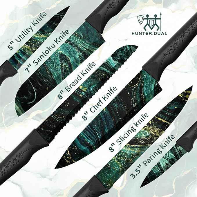 Knife Set, 12-PC Colorful Kitchen Knife Set, 6 Sharp Kitchen Knives with Covers for Cooking, Cutting&Chopping, Greenstone