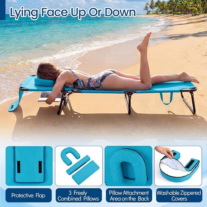 Giantex Folding Beach Tanning Chair - Adjustable Patio Lounge Chair w/Face Hole, Removable Pillows, Carry Strap, Layout Chair, Sunbathing Chaise Lounge Outdoor for Poolside Yard Lawn (1, Turquoise)