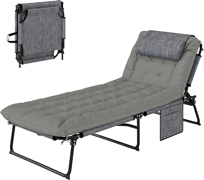 Outsunny Folding Chaise Lounge with 4-Level Reclining Back, Outdoor Tanning Chair with Cushion, Outdoor Lounge Chair with Breathable Mesh Fabric, Side Pocket, Headrest, Gray