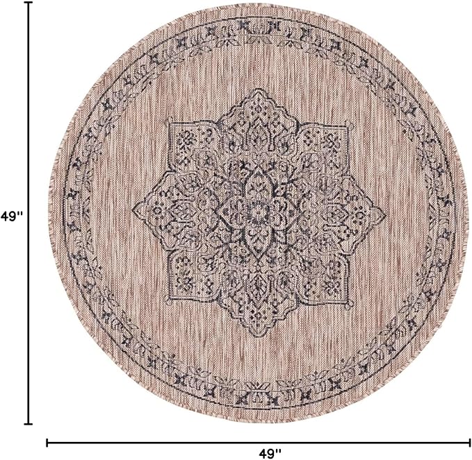 Unique Loom Outdoor Traditional Collection Area Rug - Antique (4' 1" Round, Beige/ Black)