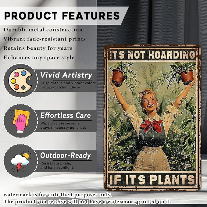 Retro Garden Metal Sign It's Not Hoarding If It's Plants Vintage Gardening Decor Metal Plaque for Parlor Yard Oasis Backyard Patio Greenhouse Decoration 12 * 8inch