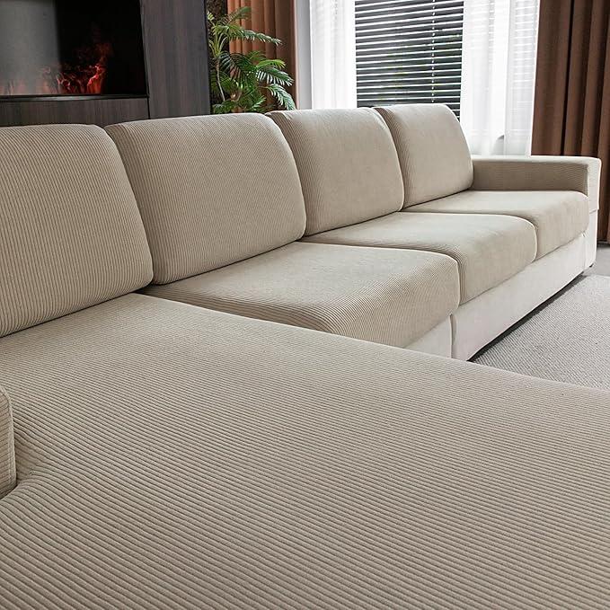 OHSIO Sectional Couch Covers, Wear Resistant Stretch Sofa Covers Washable Soft Couch Cushion Covers Anti Slip Furniture Protector Sofa Slipcovers for Pets (1 Piece Large Cover, Light Brown)