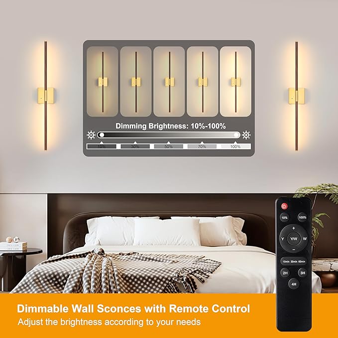 Morauroral 40″ Walnut Battery Operated Wall Sconces Set of Two, Dimmable Wall