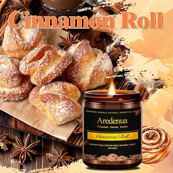 Fall Candle - Cinnamon Roll Candles | Autumn Candle for Home, Cinnamon Scented, 7oz Soy Candles for Home Scented, Fall Gift for Women & Men, Cozy Seasonal Scent for Autumn & Thanksgiving