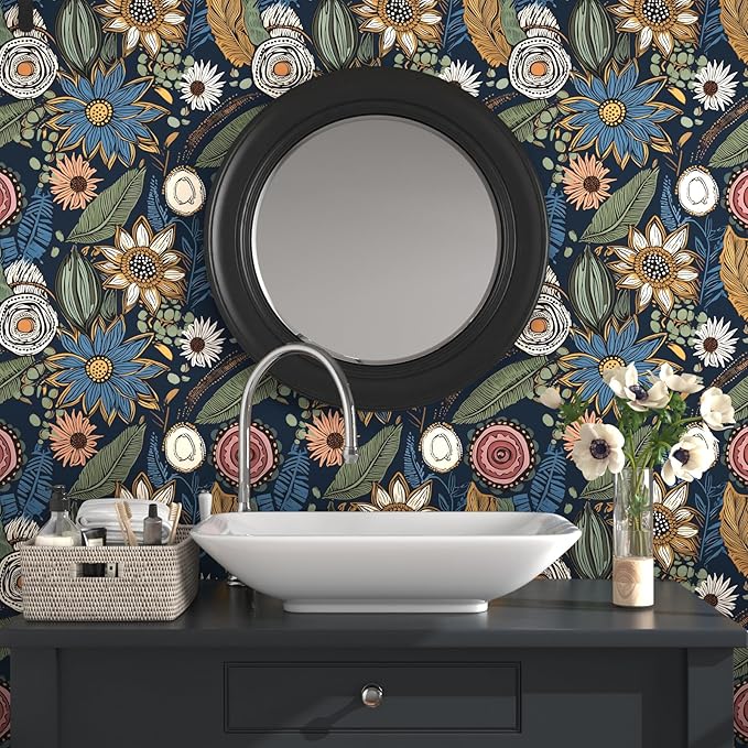 Boho Wallpaper Peel and Stick, Dark Vintage Floral Contact Paper, Retro