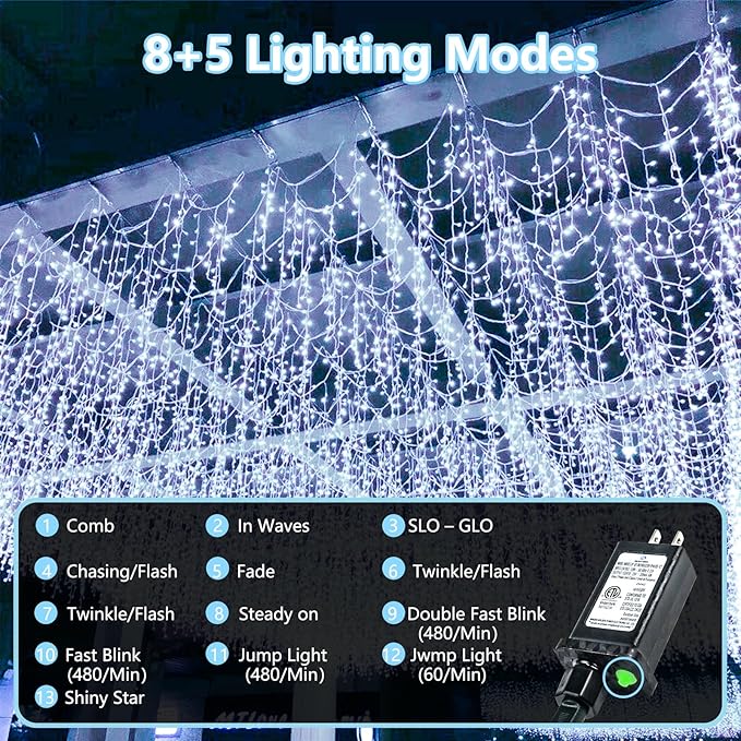 KAQ 115FT 300LED Timer Function Cool White Christmas String Lights, Indoor/Outdoor, Waterproof, 8 Modes, Clear Wire Fairy Tree Lights for Garden Patio Bedroom Christmas Decorations