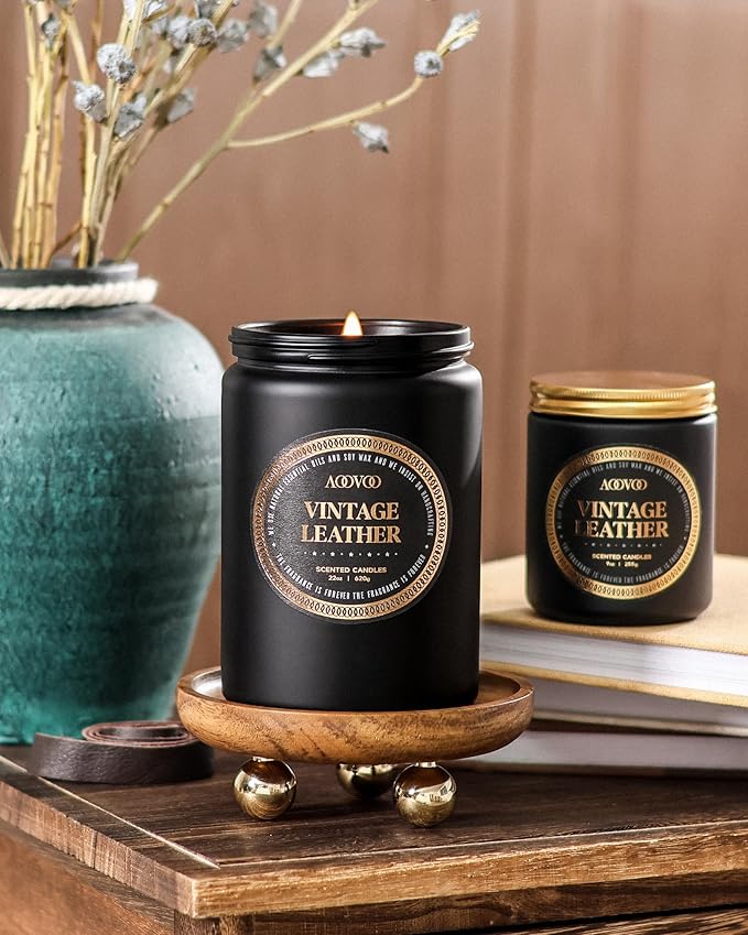 AOOVOO Scented Candles for Men - Large 22oz 120 Hours of Burn Time, Vintage Leather Candles for Home Scented | Crackling Wood Wick Soy Candle | Strong Fragranced Black Candle Gift for Women & Men