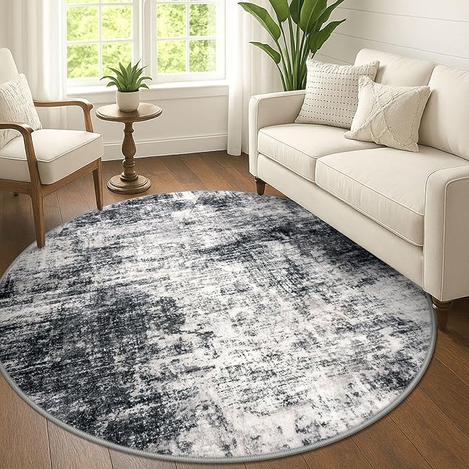 IOHOUZE Abstract Round Area Rug 6 Ft Washable Circle Rugs Large Round Rug Non Slip Thin Soft Circle Rugs, Printed Faux Wool Floor Carpet for Bedroom Living Room Dining Room Nursery, Black Grey