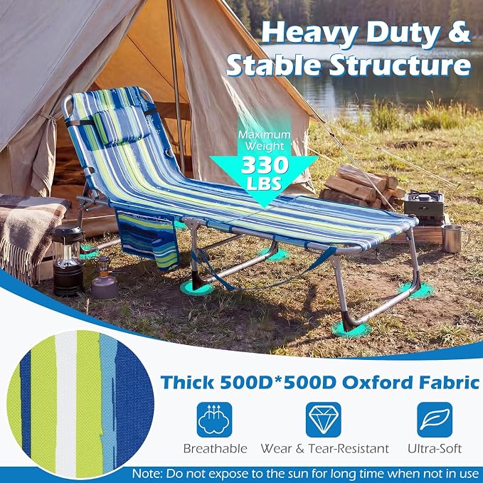 GYMAX Tanning Chair, 3 in 1 Sun Bathing Lounge Chairs with Face/Arm Holes & Side Pocket, Portable Lightweight Face Down Layout Tanning Chair for Outside, Beach, Backyard, Poolside (2, Blue Stripe)