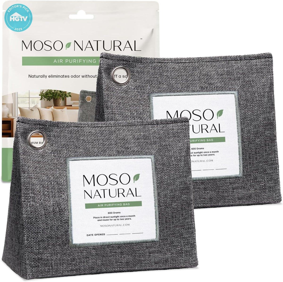 Moso Natural Air Purifying Bag 600g, Premium Bamboo Charcoal Odor Absorber, Room Deodorizer for Large Spaces, Bedroom, Kitchen, Basement, Pet Odor Eliminator for Home, 21oz Charcoal Bags (2 Pack)
