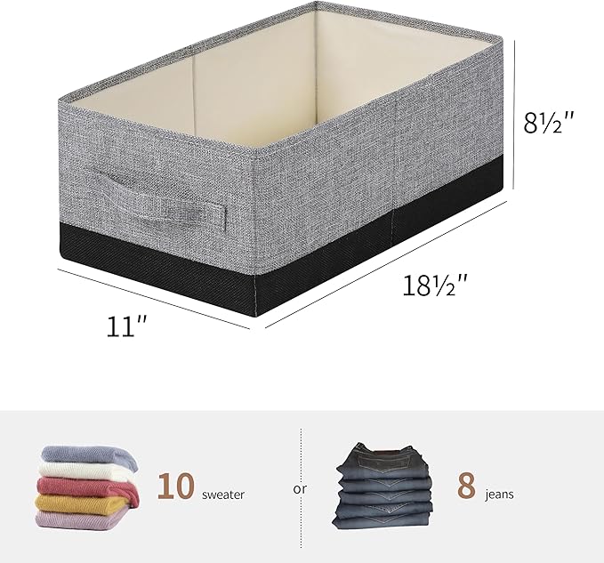 Linen Folding Storage Bins, 3 Pack Large Storage Baskets, Washable, Clothing Storage Bins with Handle, Closet Organizer for Storage Sweater,Sheets (gray black, 18½"x11"x8½")