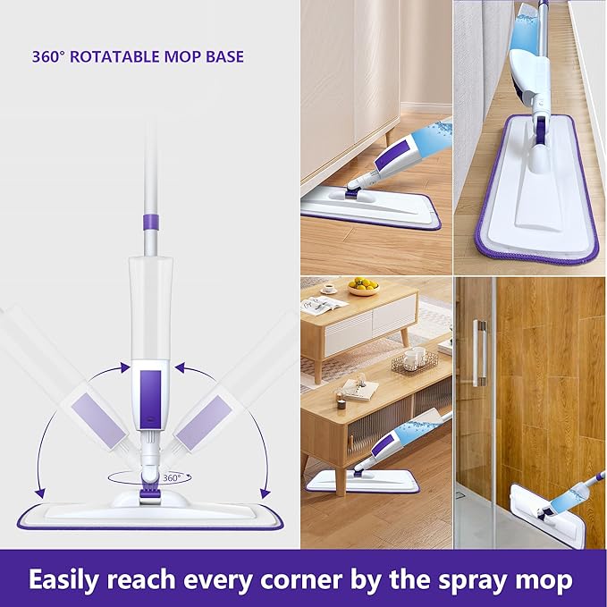 Spray Mop for Floor Cleaning with 60" Extension Handle, Dry/Wet Mop with 14oz Refillable Bottle, 3 Washable Pads&5 Disposable Refills for Hardwood Laminate Tile Floor Dust Cleaning.