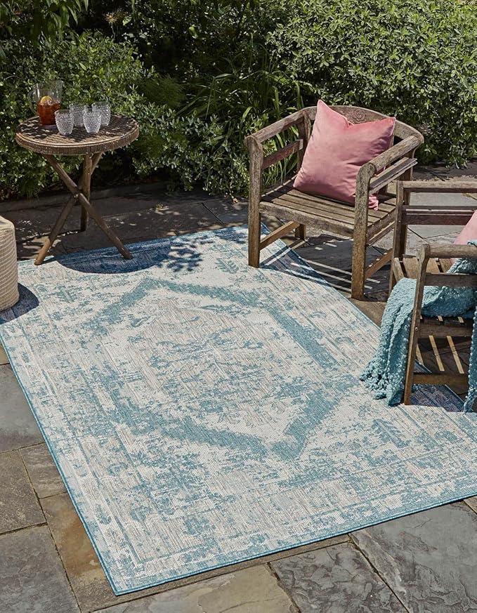 Unique Loom Outdoor Traditional Collection Area Rug - Valeria (9' x 12' 2" Rectangle, Aqua/ Ivory)