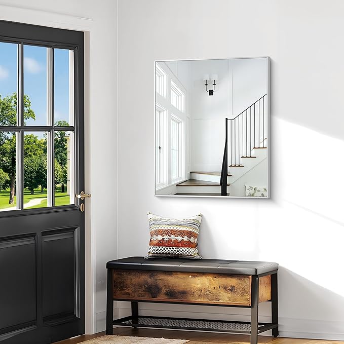 Silver Bathroom Mirror,30x36 inch Wall Mirror for Bathroom Wall Mounted,Rectangle Mirror for Bathroom Over Sink,Modern Metal Frame for Living Room,Bedroom Entryway,Horizontal/Vertical