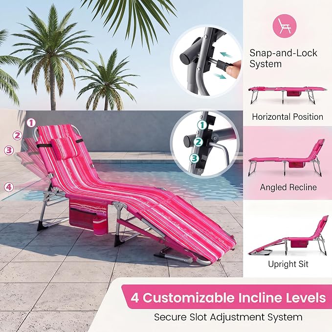 Giantex Set of 2 Tanning Chair, 5-Position Adjustable Beach Chair with Face & Arm Hole, Hand/Shoulder Strap, Removable Pillow, Side Pocket, Load 330 Lbs, Sunbathing Chairs, Lounge Chairs Outdoor
