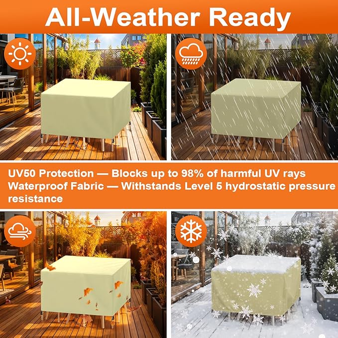 Patio Furniture Cover Rectangle 56"(L) x 44"(W) x 28"(H), Custom Heavy Duty 420D Waterproof Outdoor Cover with Drawstring & Buckles for Table Chair Garden, Cream